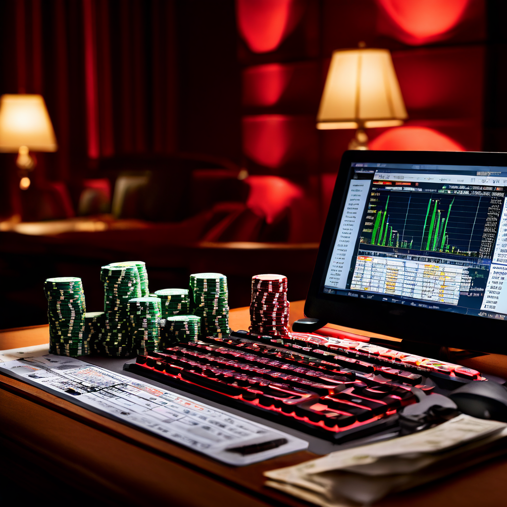 A professional trader’s hands adjusting odds on a laptop beside a casino felt table with scattered chips, blank monitors, and stud