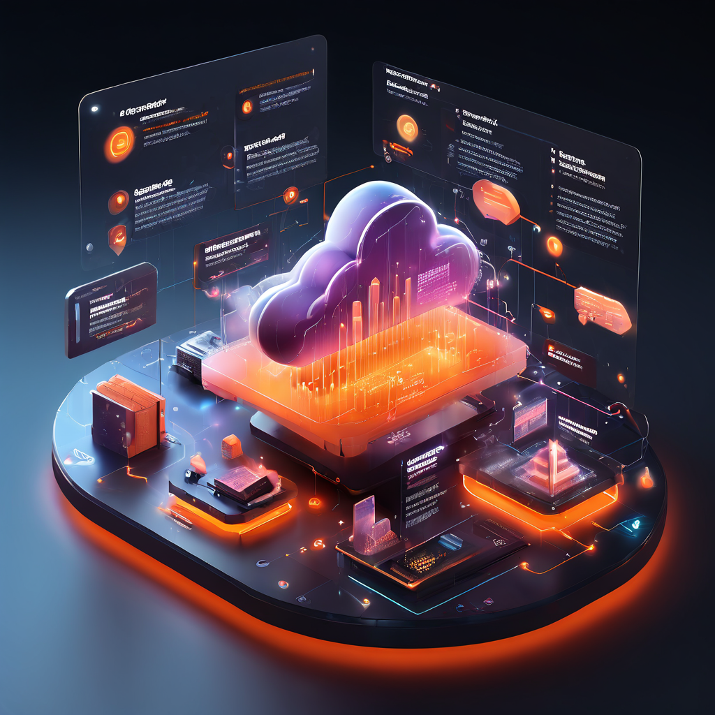 Abstract digital service layers showing secure cross-device session flow, cloud infrastructure, and data synchronization for...
