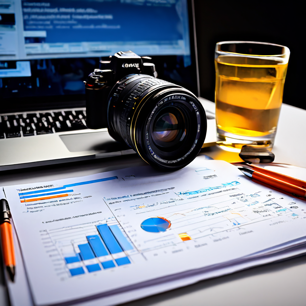 A professional content manager adjusts a DSLR camera on a tripod in a dimly lit studio, monitoring a blank laptop screen and a blu
