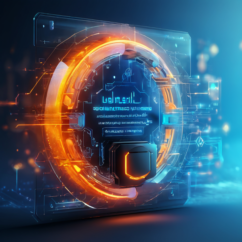A close-up digital composition showing layered interface glow and secure login lock patterns, representing online scam...