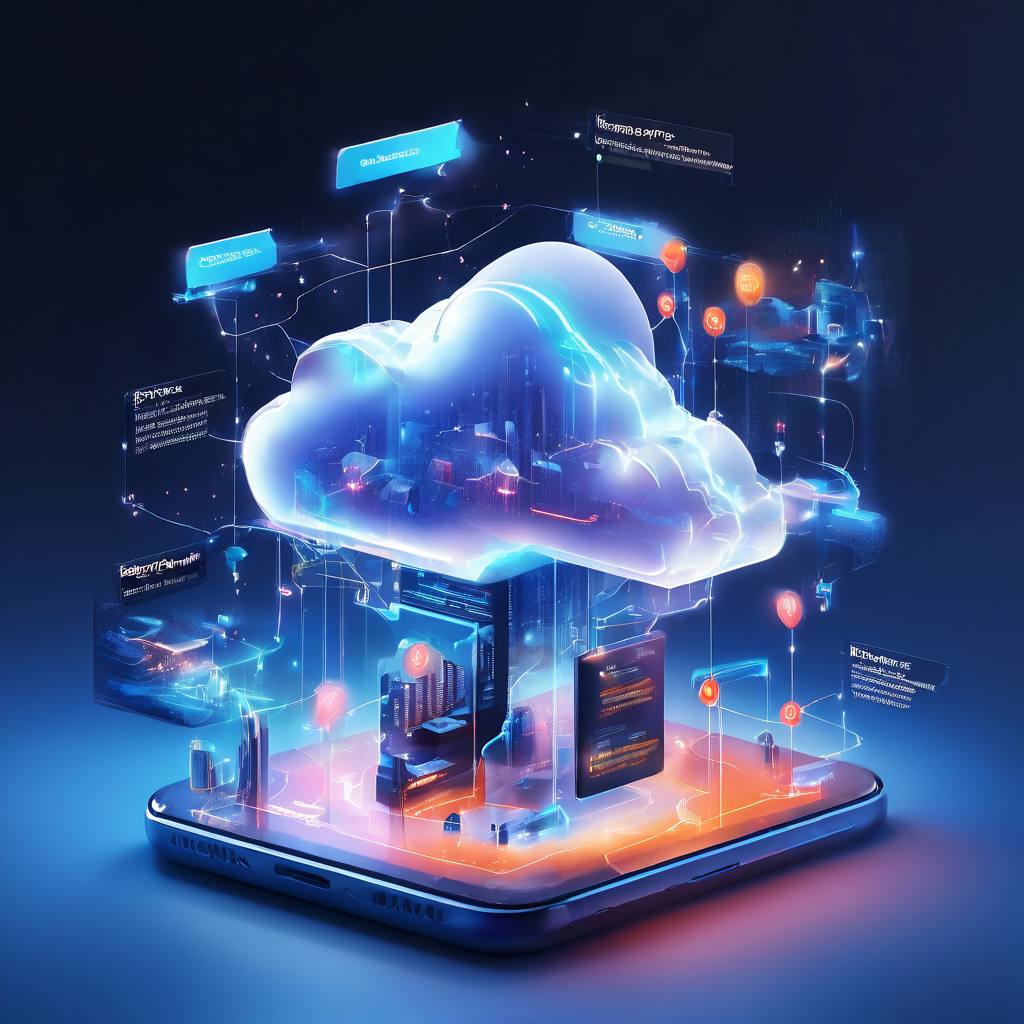 Abstract digital service platform showing mobile lobby navigation flow with cloud, data, and operations layers, representing...