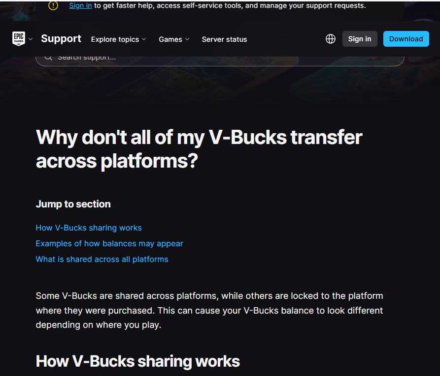 Fortnite Shared Wallet guidance explaining how V-Bucks balances differ between linked gaming platforms.
