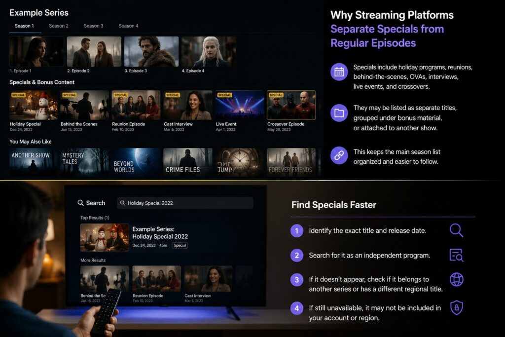 Streaming platform interface showing regular seasons separated from special episodes, bonus content, and standalone releases with a search function for finding TV specials.