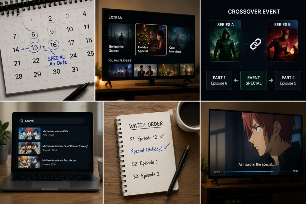 Visual guide showing how to identify the correct viewing order for special episodes by comparing release dates, crossover events, and streaming platform listings.